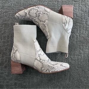 Cream and Brown Ankle Boots with Snakeskin Print and Chunky Heel